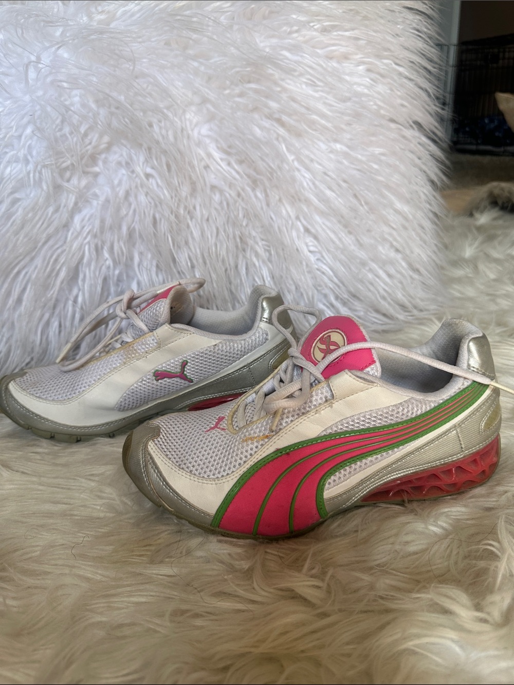 Puma White Sneakers with Pink and Green Accents